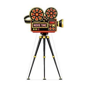 May include: A vintage-style movie camera illustration. The camera is red, black, and gold, with film reels and the text "MOVIE TIME". It is mounted on a black tripod with gold accents, perfect for film enthusiasts.