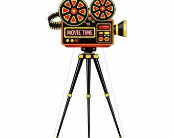 May include: A retro movie camera illustration in red, black, and gold, featuring film reels and the text "MOVIE TIME". The camera is mounted on a black tripod with gold detailing, ideal for film lovers.