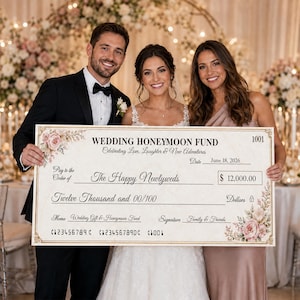 May include: A large, rectangular novelty check titled Wedding Honeymoon Fund with floral accents in the corners. It displays the text Celebrating Love, Laughter & New Adventures, the date June 18, 2026, the amount $12,000.00, and the payee The Happy Newlyweds.