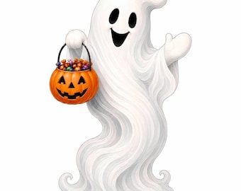 May include: A white ghost figure with a smiling expression, black oval eyes, and a wide mouth. The ghost holds a bright orange plastic jack-o'-lantern bucket with a black handle, which is filled with various colourful wrapped sweets.