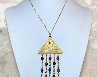 Vintage Goldette Style Triangle Pendant Necklace Bohemian Etruscan Egyptian Revival