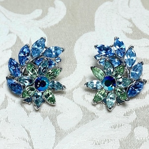 Trifari Rhinestone Clip On Earrings: 1950s Floral Costume Jewelry