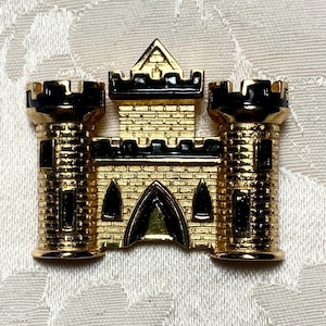 Vintage Crown Trifari Brooch | Signed Gold Tone Medieval Style Pin | Black Enamel Accents | Gothic Regal Statement Jewelry