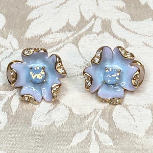 1950s Blue Floral Clip On Earrings: Rhinestone Enamel Petals, USA Made