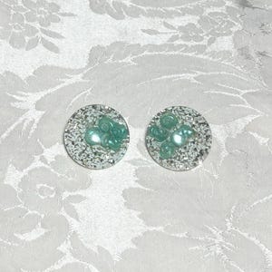 Vintage Teal Lucite Shell Glitter Earrings, Mid Century Coastal Statement Jewelry