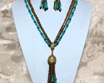 Vintage 1950s Turquoise Beaded Necklace and Earrings Set Gold Tone Mid Century Jewelry