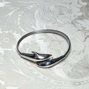 Vintage Sterling Silver Double Dolphin Bypass Bangle Bracelet, 925 Nautical Wrap Cuff, Modernist Twin Dolphin Statement Bracelet