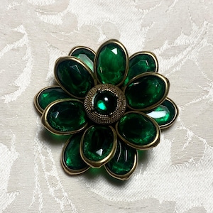 Vintage Corocraft Brooch | Signed Midcentury Green Flower Pin | Gold Tone Floral Design | Emerald Acrylic Petals | 1950s Jewelry