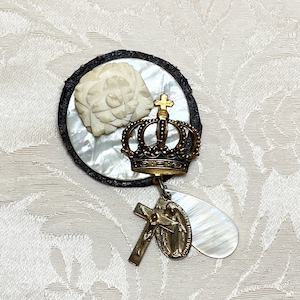 Vintage Religious Devotional Brooch | Catholic Symbolism with Cross, Crown & Rose | Gold Tone Charms on Leather Back | Christian Pin