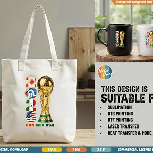 May include: A white tote bag, black mug, and white mug featuring a gold trophy design. The tote bag displays the text "2026 CAN MEX USA" with flags. The mugs have the trophy design and flags. The design is suitable for sublimation.