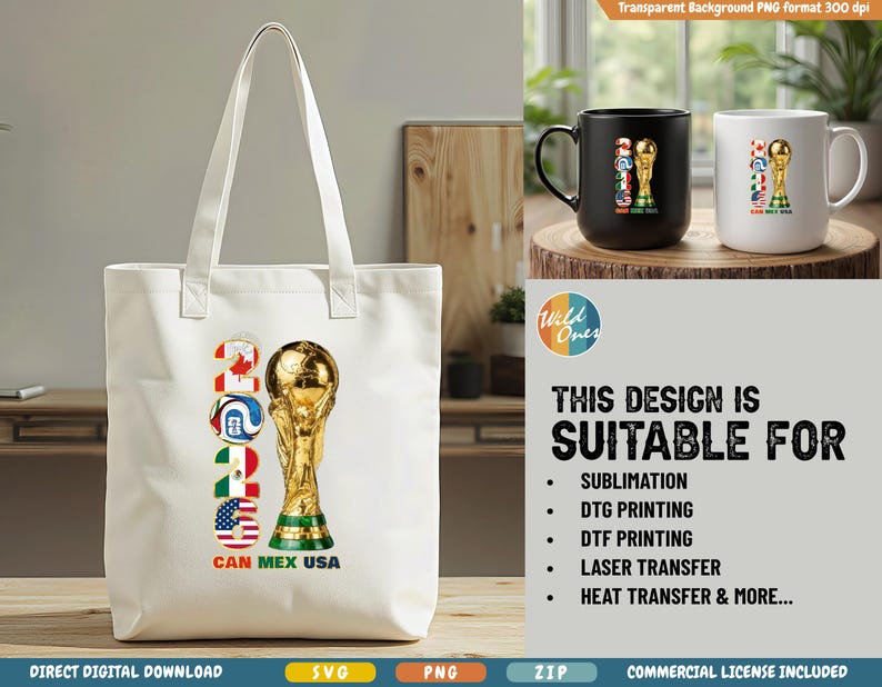 May include: A white tote bag, black mug, and white mug featuring a gold trophy design. The tote bag displays the text "2026 CAN MEX USA" with flags. The mugs have the trophy design and flags. The design is suitable for sublimation.
