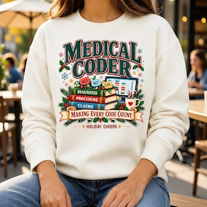 May include: A cream-coloured crewneck sweatshirt featuring a festive graphic with the text "MEDICAL CODER" and "MAKING EVERY CODE COUNT". The design includes a stack of books labelled "DIAGNOSIS", "PROCEDURE", and "CLAIMS", a computer, and holiday decor.
