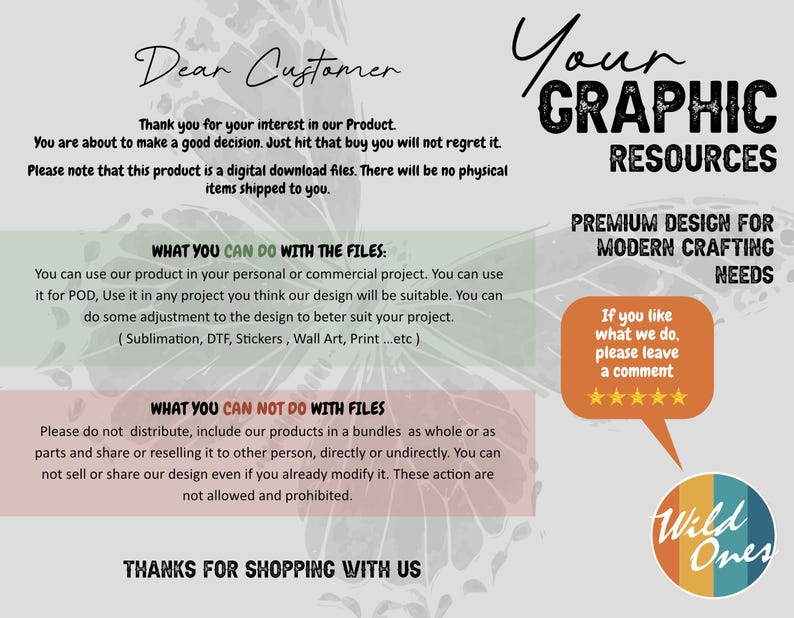 May include: A digital download graphic design resource with text that reads "Your Graphic Resources" and "Premium Design for Modern Crafting Needs." The image includes a customer message and usage guidelines.