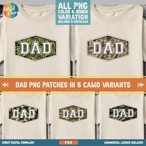Puede incluir: Cinco camisetas beige, cada una con un parche hexagonal con la palabra DAD en letras blancas. Los parches muestran cinco patrones de camuflaje distintos en tonos verdes, marrones y beige. El texto incluye ALL PNG COLOR & DESIGN VARIATION INCLUDED IN DOWNLOAD y DAD PNG PATCHES IN 5 CAMO VARIANTS.