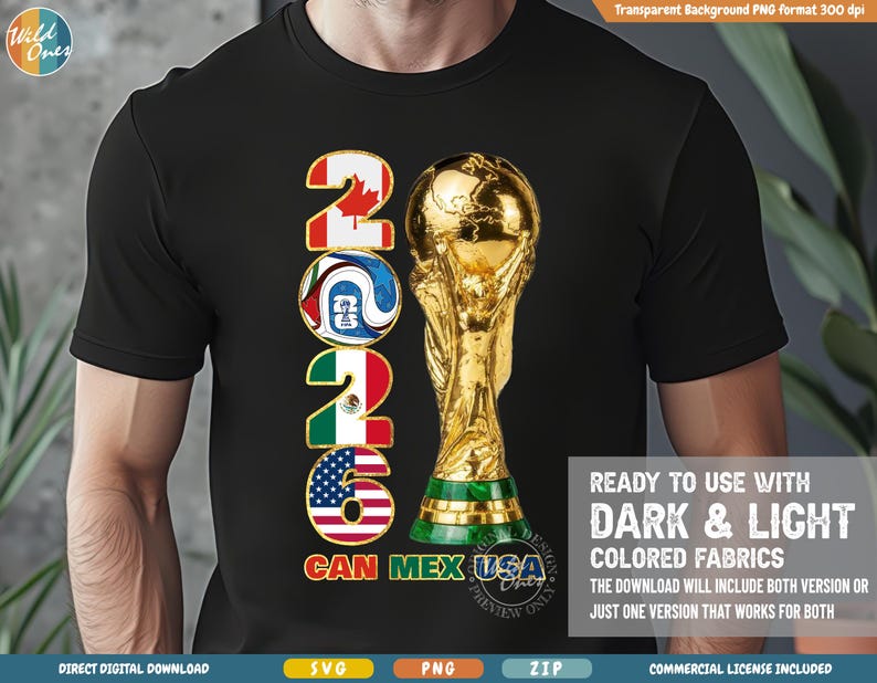 May include: Black t-shirt featuring a gold trophy and the text "2026" with flags of Canada, Mexico, and the USA. The shirt also includes the words "CAN MEX USA". The design is ready for dark and light colored fabrics.