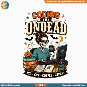 Pode incluir: Um gráfico digital apresentando um esqueleto vestindo uma blusa médica azul-petróleo e uma faixa com estampa de leopardo, sentado em uma mesa com um computador, uma caneca de café com o rótulo Code Caffeinate Repeat, uma abóbora e livros ICD-10-CM, CPT, HCPCS.