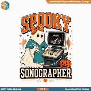 Può includere: Un design grafico digitale raffigurante un fantasma che indossa una casacca color verde acqua e un fiocco a pois arancione, mentre tiene in mano una sonda ecografica. Il fantasma è accanto a un ecografo che mostra un feto. Testo SPOOKY SONOGRAPHER.