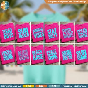 Op de afbeelding: Een collectie van twaalf felroze T-shirts met cyaanblauwe tekstontwerpen, waaronder zinnen zoals Made for Sunny Days, Sun Kissed, Summer Vibes, Stay Salty, Pool Babe, Ocean Babe, Forever Chasing Sunshine, Beach Bum, Beach Babe, Sweet Summer Time, Sunshine in My Soul en Sun Shine.