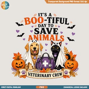 Puede incluir: Un gráfico digital con un golden retriever y un gato negro vestidos de fantasmas blancos. Entre ellos hay un maletín médico morado con una cruz blanca. El texto dice IT'S A BOO-TIFUL DAY TO SAVE ANIMALS y VETERINARY CREW.