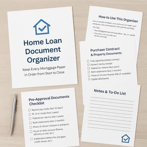May include: A home loan document organizer with checklists and to-do lists. The organizer includes sections for pre-approval documents, purchase contracts, and property documents. A pen rests on the surface next to the documents.