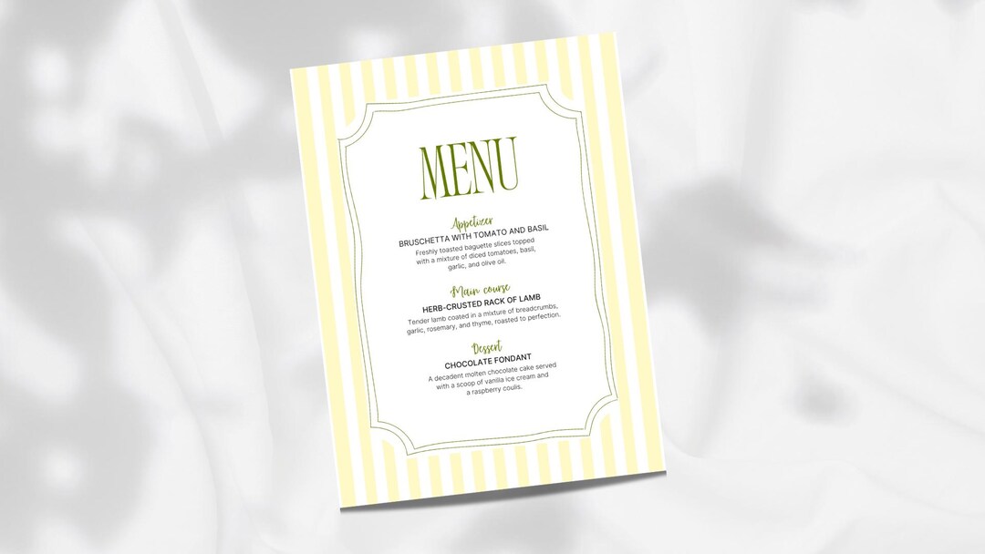 Yellow Striped Menu Template | Printable Party Dinner Card | Editable ...
