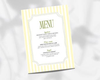 Yellow Striped Menu Template | Printable Party Dinner Card | Editable Canva Wedding Bridal Baby Shower | Instant Download 5x7