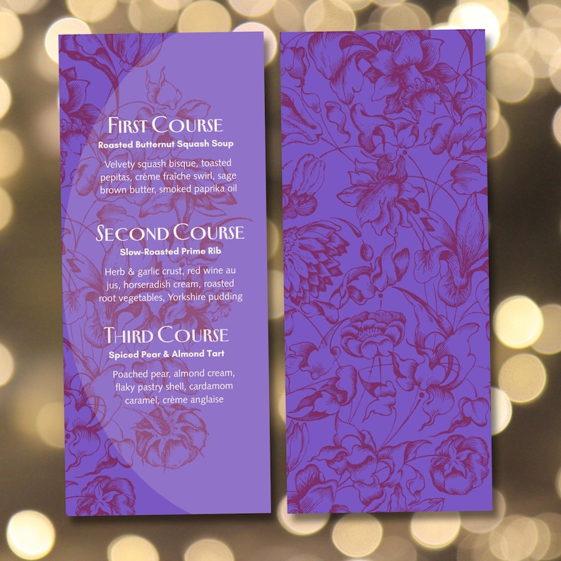 Purple Floral Wedding Menu Template | Printable Botanical Dinner Card ...