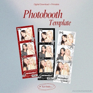 Könnte beinhalten: Fotobox-Vorlagendesign mit drei Fotostreifen. Die Streifen sind rot, schwarz und weiß und zeigen jeweils Bilder von zwei Frauen. Die Worte "Photobooth Template" sind rot, und "Digital Download + Printable" steht oben. Der untere Teil des Bildes enthält den Text "Kaiv Studio."