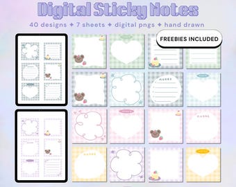 Pacchetto di post-it digitali pastello: PNG kawaii disegnati a mano (Goodnotes, journaling, pianificazione)