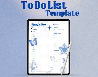 Modello digitale per l'elenco delle cose da fare giornaliere - Tema Y2K con estetica blu: programma e planner vuoto / Stampabile e compatibile con iPad / File PNG + PDF