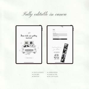 K&ouml;nnte beinhalten: Zwei digitale Tablet-Bildschirme mit einer Vorlage f&uuml;r eine Hochzeitseinladung. Der linke Bildschirm zeigt eine Auto-Illustration mit dem Text These kids are getting married. Der rechte Bildschirm enth&auml;lt ein RSVP-Formular und einen Fotostreifen.