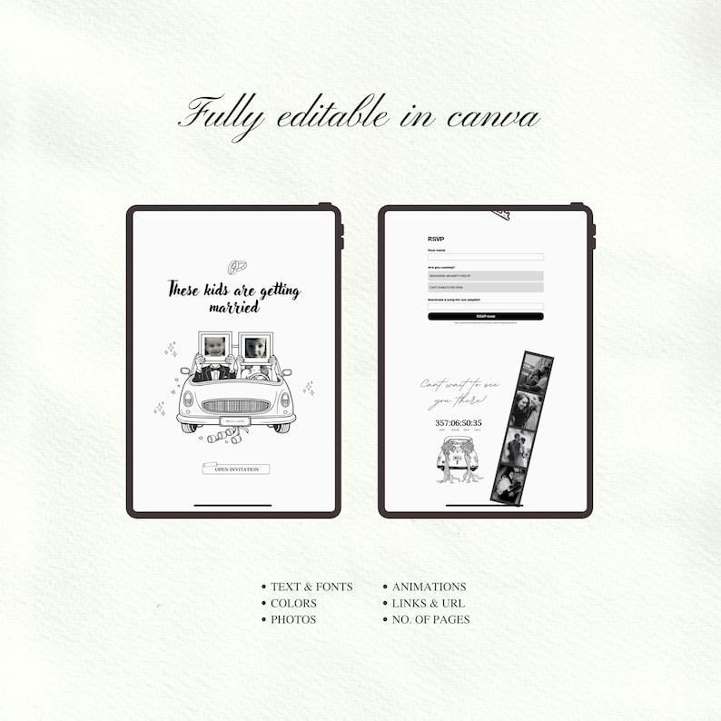 K&ouml;nnte beinhalten: Zwei digitale Tablet-Bildschirme mit einer Vorlage f&uuml;r eine Hochzeitseinladung. Der linke Bildschirm zeigt eine Auto-Illustration mit dem Text These kids are getting married. Der rechte Bildschirm enth&auml;lt ein RSVP-Formular und einen Fotostreifen.