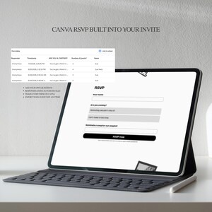K&ouml;nnte beinhalten: Ein Tablet-Computer, der ein digitales RSVP-Formular mit Feldern f&uuml;r Name, Anwesenheitsstatus und Liedw&uuml;nsche anzeigt. Der Bildschirm zeigt den Text CANVA RSVP BUILT INTO YOUR INVITE sowie eine Datentabelle zur Nachverfolgung der Antworten.