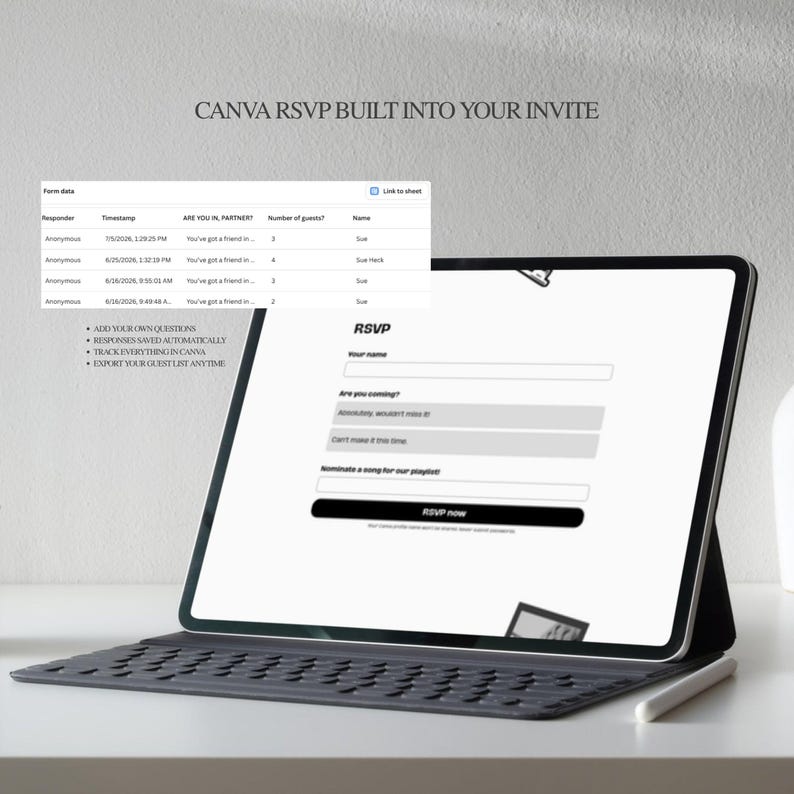K&ouml;nnte beinhalten: Ein Tablet-Computer, der ein digitales RSVP-Formular mit Feldern f&uuml;r Name, Anwesenheitsstatus und Liedw&uuml;nsche anzeigt. Der Bildschirm zeigt den Text CANVA RSVP BUILT INTO YOUR INVITE sowie eine Datentabelle zur Nachverfolgung der Antworten.