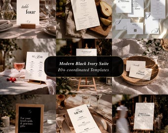 Modern Black Ivory Wedding Invitation Suite Template, Minimalist Stationery Bundle (Canva)