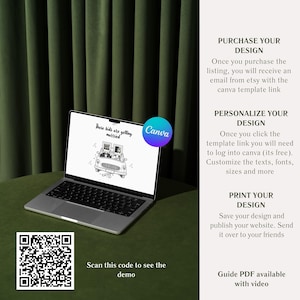 K&ouml;nnte beinhalten: Ein silberner Laptop zeigt eine digitale Hochzeitseinladungsvorlage mit einer schwarz-wei&szlig;en Illustration eines Autos und dem Text These kids are getting married. Ein Canva-Logo, ein QR-Code und Anweisungen zur Anpassung sind zu sehen.