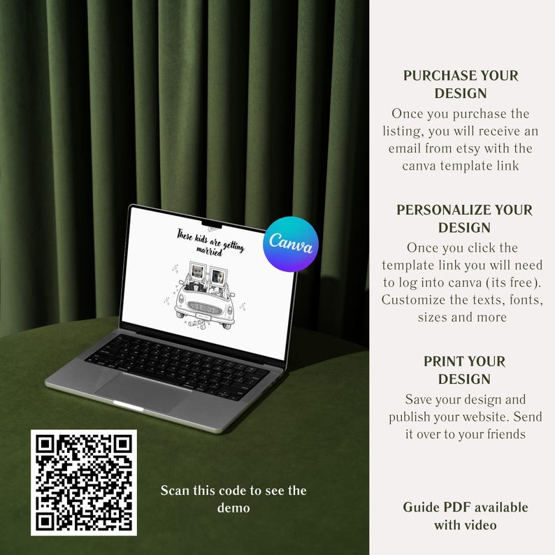 K&ouml;nnte beinhalten: Ein silberner Laptop zeigt eine digitale Hochzeitseinladungsvorlage mit einer schwarz-wei&szlig;en Illustration eines Autos und dem Text These kids are getting married. Ein Canva-Logo, ein QR-Code und Anweisungen zur Anpassung sind zu sehen.