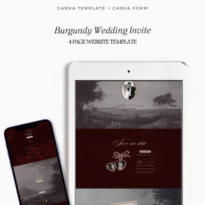Könnte beinhalten: Eine digitale Hochzeits-Einladungs-Website-Vorlage in Burgunderrot, angezeigt auf einem Tablet und einem Smartphone. Das Design umfasst eine Landschaftsillustration, einen Save-the-Date-Bereich mit herzförmigen Fotorahmen, einen Kalender und eine elegante Typografie.