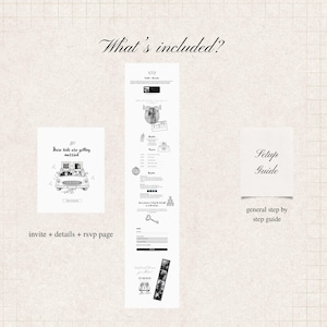 K&ouml;nnte beinhalten: Ein digitales Hochzeitseinladungs-Set bestehend aus einer quadratischen Einladungskarte mit Auto-Illustration und dem Text These kids are getting married, einer langen vertikalen Detail- und RSVP-Seite sowie einer quadratischen Anleitung.