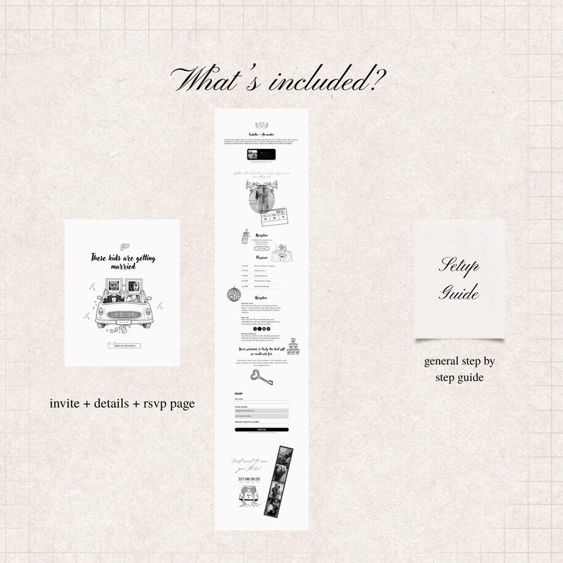 K&ouml;nnte beinhalten: Ein digitales Hochzeitseinladungs-Set bestehend aus einer quadratischen Einladungskarte mit Auto-Illustration und dem Text These kids are getting married, einer langen vertikalen Detail- und RSVP-Seite sowie einer quadratischen Anleitung.