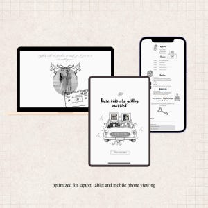 K&ouml;nnte beinhalten: Ein Laptop, ein Tablet und ein Smartphone zeigen digitale Hochzeitseinladungsvorlagen. Die Bildschirme zeigen schwarz-wei&szlig;e Strichzeichnungen, darunter ein Auto mit zwei Kindern, die Rahmen halten, einen Kalender und Text wie These kids are getting married.