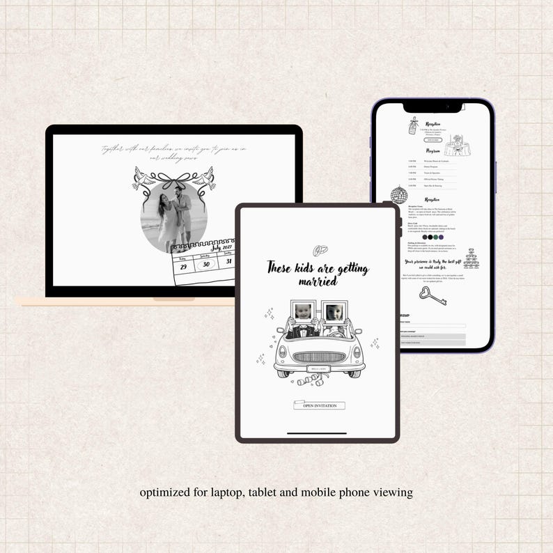K&ouml;nnte beinhalten: Ein Laptop, ein Tablet und ein Smartphone zeigen digitale Hochzeitseinladungsvorlagen. Die Bildschirme zeigen schwarz-wei&szlig;e Strichzeichnungen, darunter ein Auto mit zwei Kindern, die Rahmen halten, einen Kalender und Text wie These kids are getting married.