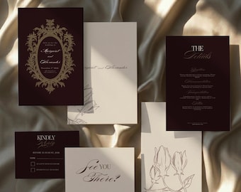 Burgunder-Hochzeits-Einladungs-Reihe | Bearbeitbar Vintage Barock | Alter Geld-Stil | Digitaler Download