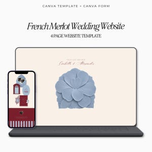 Könnte beinhalten: Eine digitale 4-seitige Hochzeits-Website-Vorlage für Canva mit dem Text French Merlot Wedding Website und Canva Template + Canva Form. Das Design zeigt einen Laptop- und Smartphone-Bildschirm mit einer blauen Blume und den Namen Isabella & Alexander.