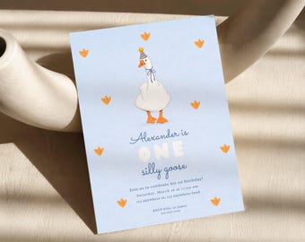 One Silly Goose Birthday Invitation Template | Editable Blue Goose 1st Birthday Invite | Digital Download