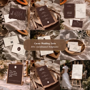 Cacao trouwkaartenpakket | Chocoladebruine trouwuitnodiging sjabloon | Moderne trouwborden, menu en tafelindeling | Bewerkbaar Canva-bestand