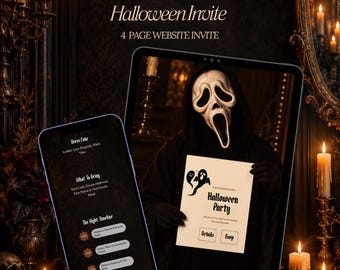 May include: A digital Halloween party invitation template displayed on a tablet and smartphone. The screen shows a ghost-masked figure holding a sign that reads Halloween Party, along with sections for dress code, what to bring, and a night timeline.