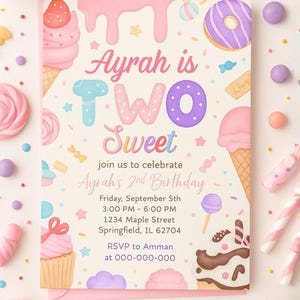 Editable Two Sweet Birthday Invitation | 2nd Birthday Printable Invite | Candy Donut Dessert Theme | Instant Download | Editable Template