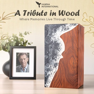 Handmade Rosewood Cremation Urn Box with Ocean Wave Design | Premium Keepsake Memorial Urn | Personalized Wooden Resin Urn| Funeral Urn Box