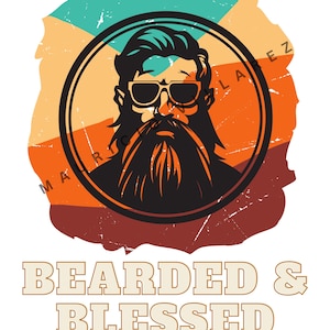 Puede incluir: Diseño gráfico de un hombre barbudo con gafas de sol, dentro de un círculo negro. El fondo tiene rayas horizontales en turquesa, naranja y marrón. El texto "BEARDED & BLESSED" se muestra debajo.